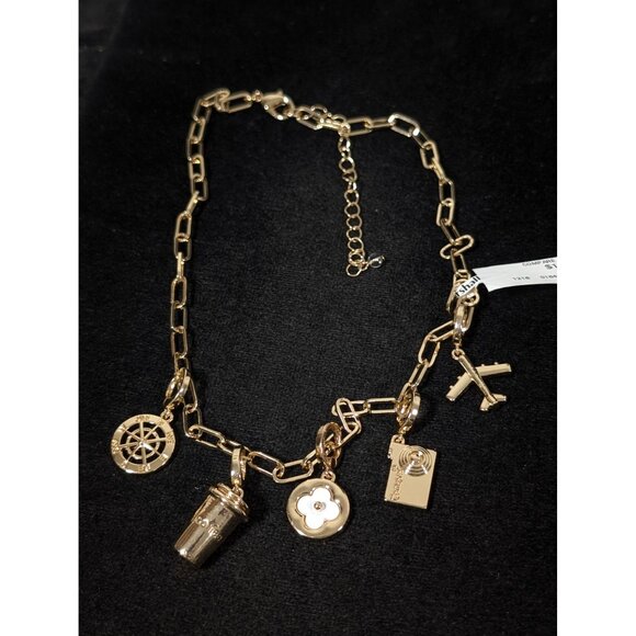 Gold Tone Travel Charm Necklace Coffee Cup Camera Compass 19" NEW - Picture 2 of 7